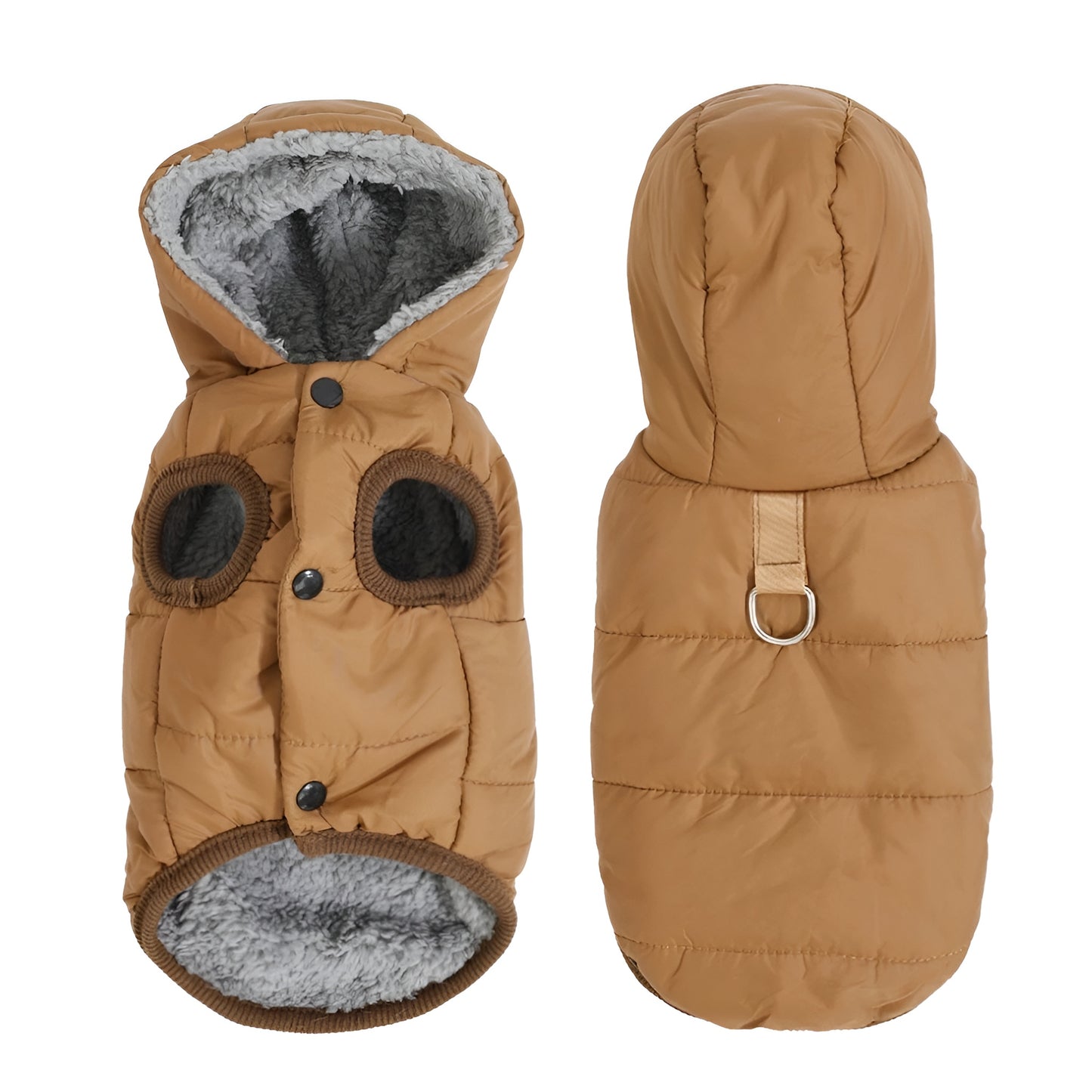 brown fleece dog coat hoodie for small dogs with soft lining
winter dog jacket with hood and d ring leash attachment
small dog coat with thick fleece interior for cold weather
dog coats and jackets for small pets in brown color
warm hooded dog jacket for puppies and small breed dogs