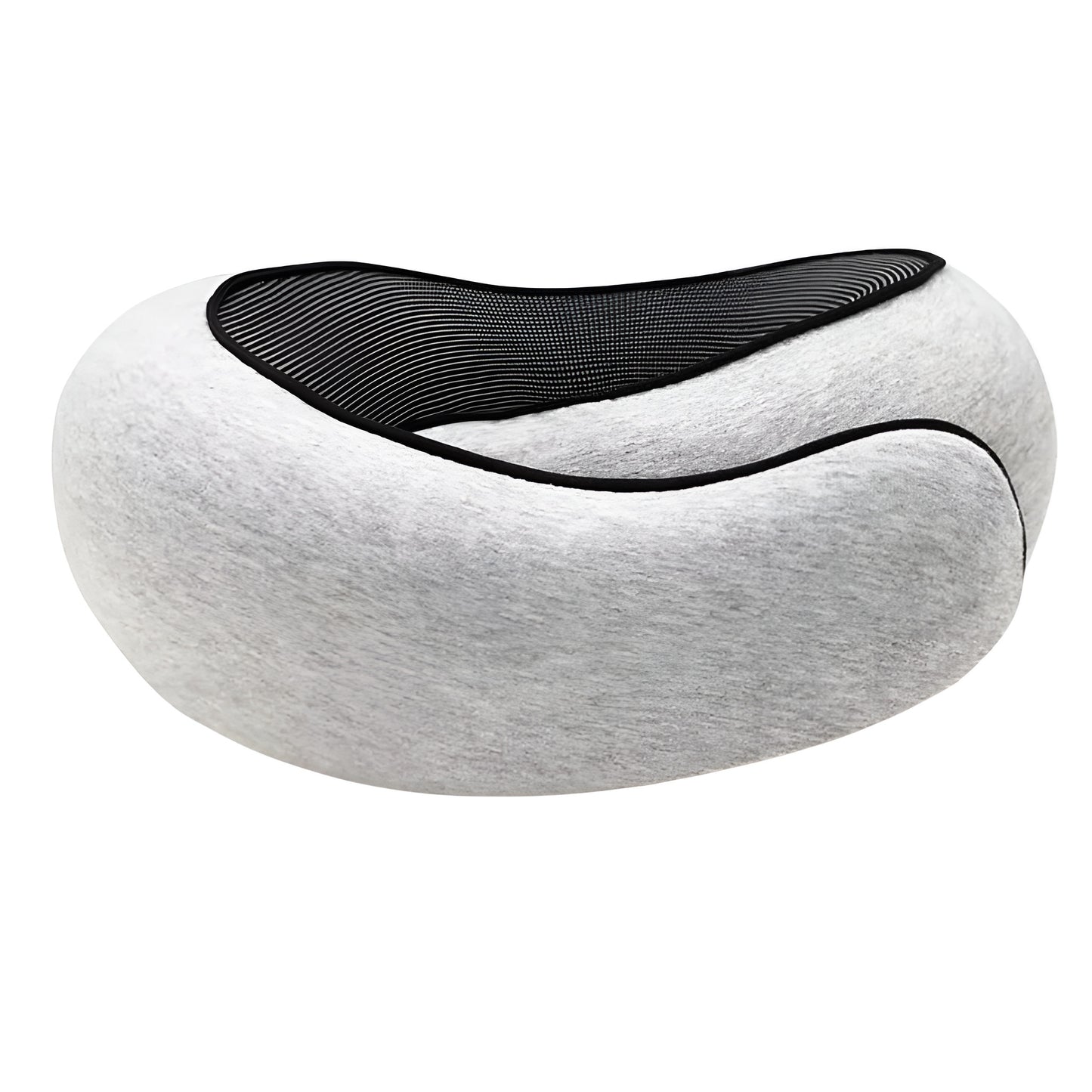 Gray memory foam travel pillow with black trim shown with size measurements
Rolled travel neck pillow placed beside black storage bag
U shaped Travel Pillows design with compact storage pouch
Gray neck pillow displayed with dimensions 32 cm by 26 cm by 14 cm
Portable travel pillow folded into a small black drawstring bag