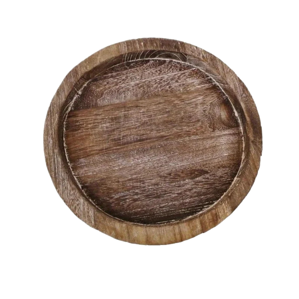 Round wooden tray with rustic wood grain and 29 cm measurement shown
Decorative wood tray for coffee table centerpiece or kitchen table decor
Large wooden tray shown from above with round wood serving tray shape
Wooden serving board style tray for snacks candles and home decoration
Round wooden tray measuring 29 cm by 29 cm with natural brown finish