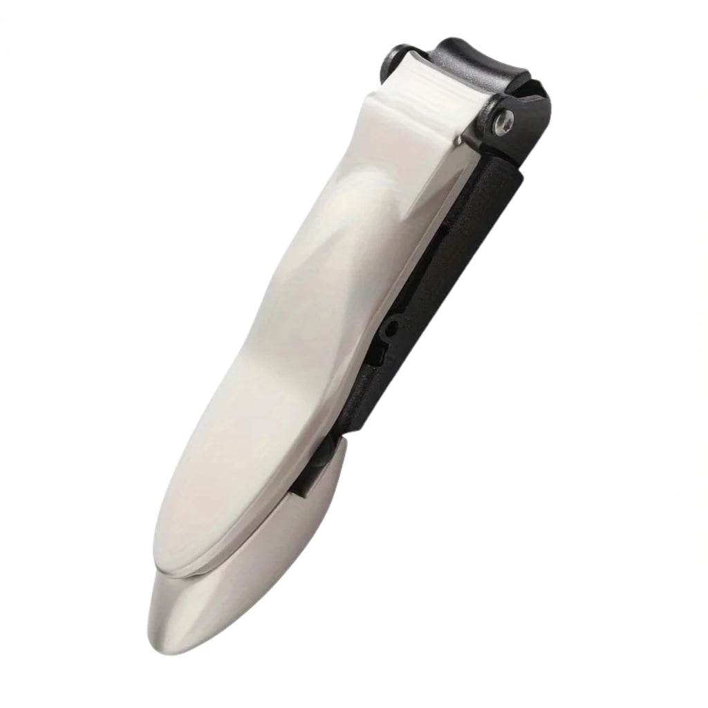 black stainless steel nail clippers with built in catcher
heavy duty nail clippers shown on a dark green background
men’s nail clippers with ergonomic lever and glossy finish
stainless steel fingernail clippers for personal grooming
close up of black nail clippers with self collecting design