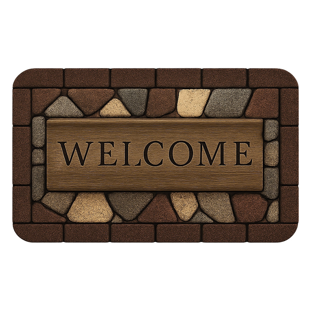 Entryway rug with stone pattern and wooden welcome sign graphic