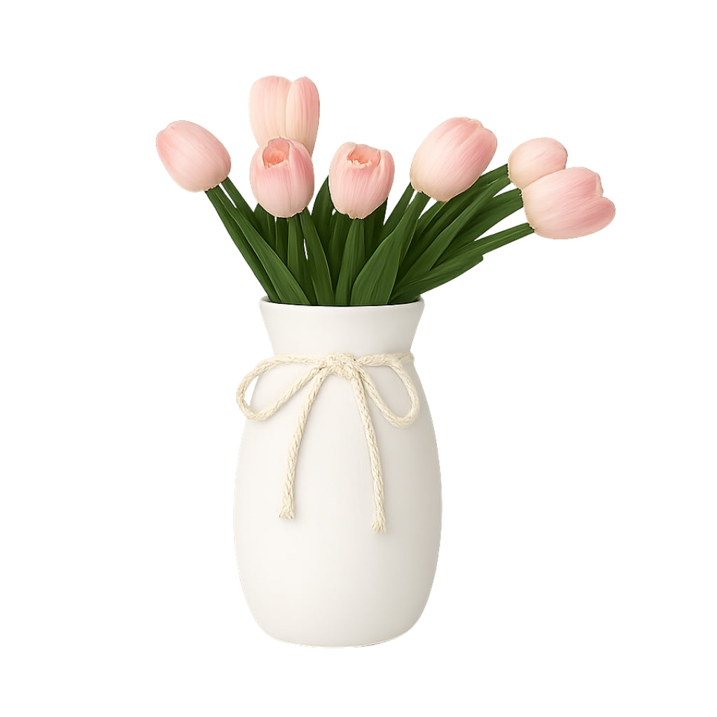 white flower vase with bow rope detail and scalloped top edge
plastic white vase with decorative bow for tabletop home decor
white tabletop flower vase with soft curved shape and rope bow
modern white vase for living room bedroom or office decoration