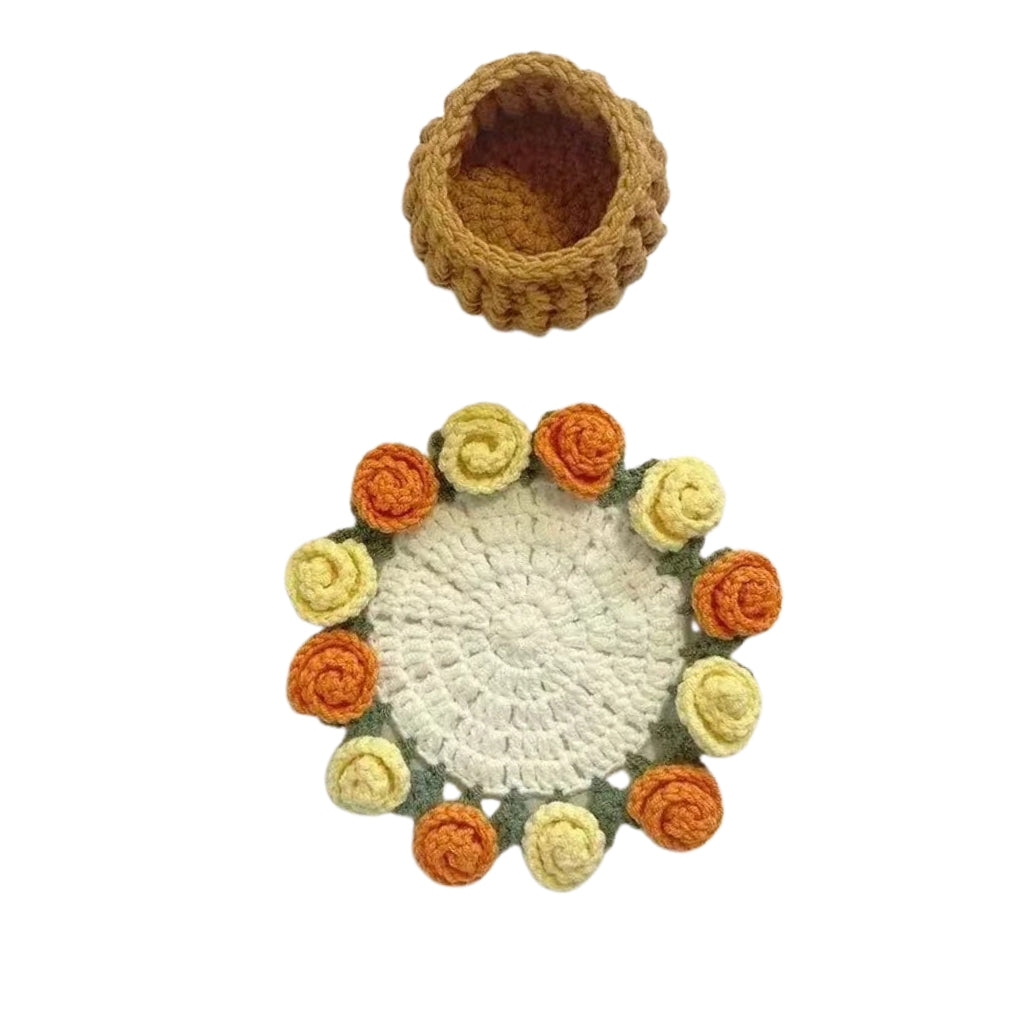 crochet flower coaster designed like a red rose bouquet in a woven basket
red rose crochet coasters arranged as a small flower bouquet
handmade style crochet flower coaster displayed on a table
crochet rose coasters with yellow basket shaped holder
red flower Coasters shown as cup pads and decorative bouquet