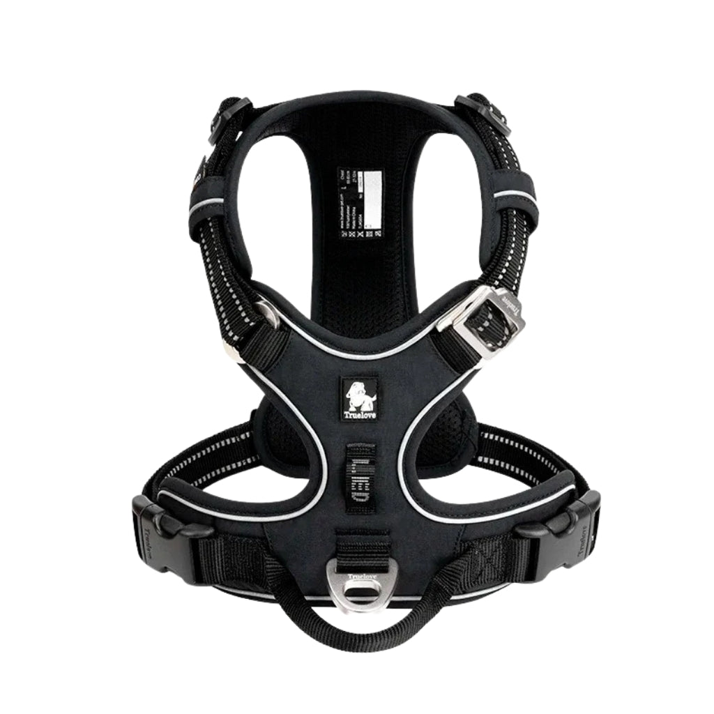 Black dog harnesses adjustable pet harness with padded chest and reflective trim
No pull dog harness with handle and quick release buckles on white background
Adjustable pet harness for dogs made with black nylon and reflective stitching
Dog harness with handle and metal leash attachment points for walking control
Padded pet harness for dogs with reflective straps and front chest support