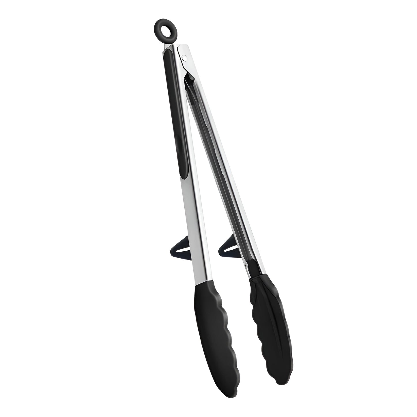 Silicone kitchen tongs with stainless steel handles and black silicone tips
Kitchen tongs for cooking and serving food with nonstick-safe silicone ends
Stainless steel silicone tongs displayed in multiple positions on white background
Cooking tongs with locking design and heat-resistant silicone grip tips
Professional kitchen tongs for grilling, salad serving, and air fryer cooking