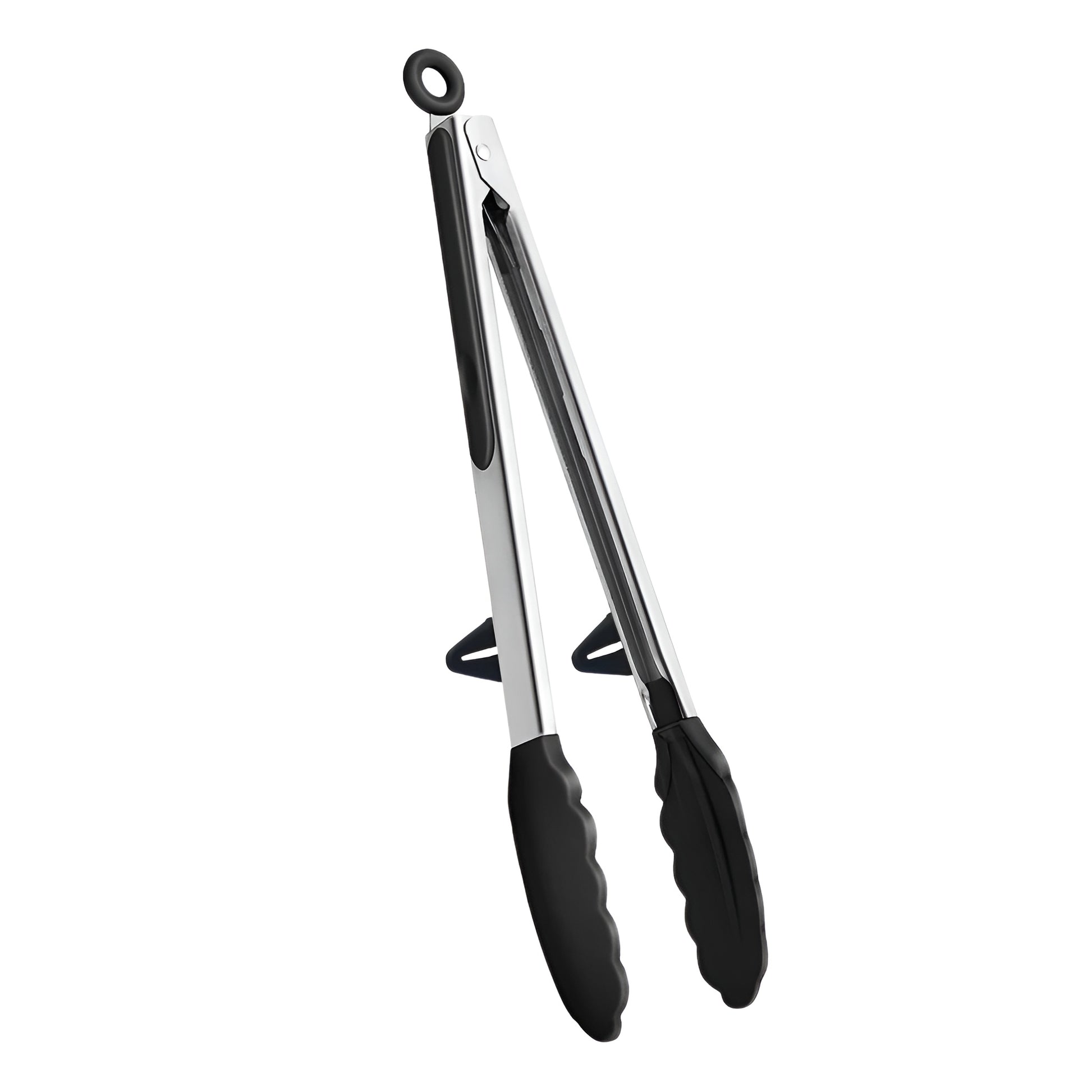 Silicone kitchen tongs with stainless steel handles and black silicone tips
Kitchen tongs for cooking and serving food with nonstick-safe silicone ends
Stainless steel silicone tongs displayed in multiple positions on white background
Cooking tongs with locking design and heat-resistant silicone grip tips
Professional kitchen tongs for grilling, salad serving, and air fryer cooking