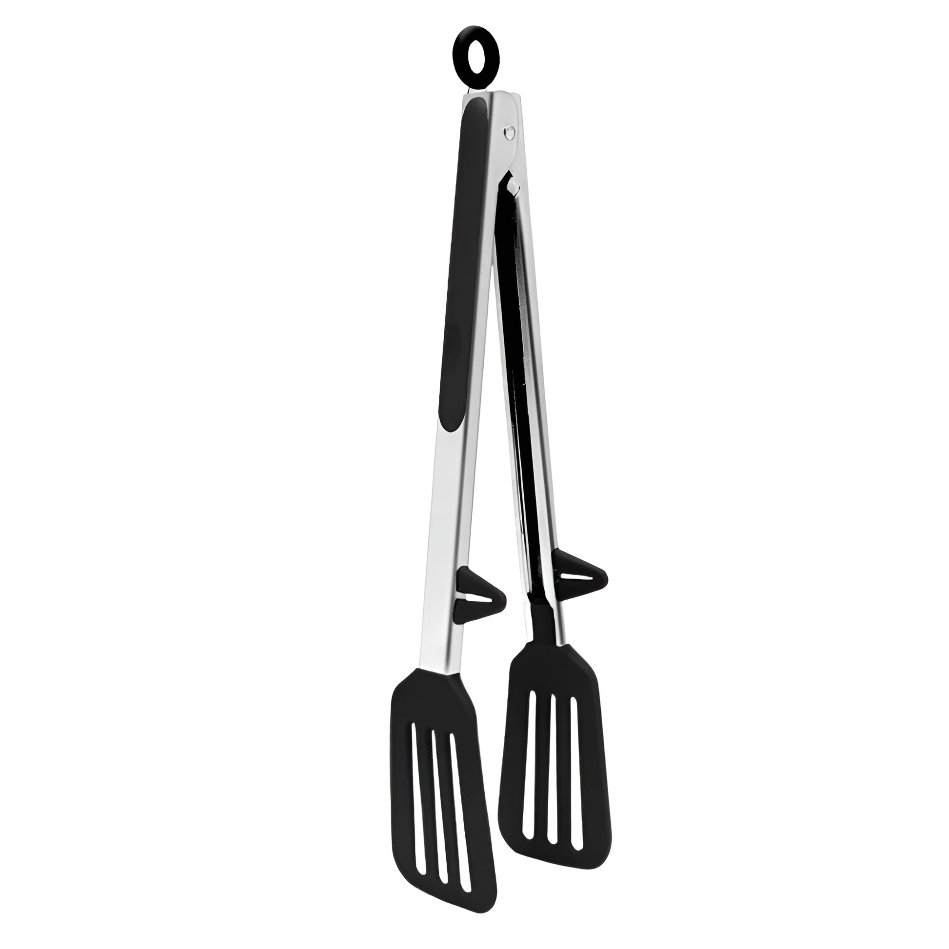 Silicone kitchen tongs with stainless steel handles and black silicone tips
Kitchen tongs for cooking and serving food with nonstick-safe silicone ends
Stainless steel silicone tongs displayed in multiple positions on white background
Cooking tongs with locking design and heat-resistant silicone grip tips
Professional kitchen tongs for grilling, salad serving, and air fryer cooking
