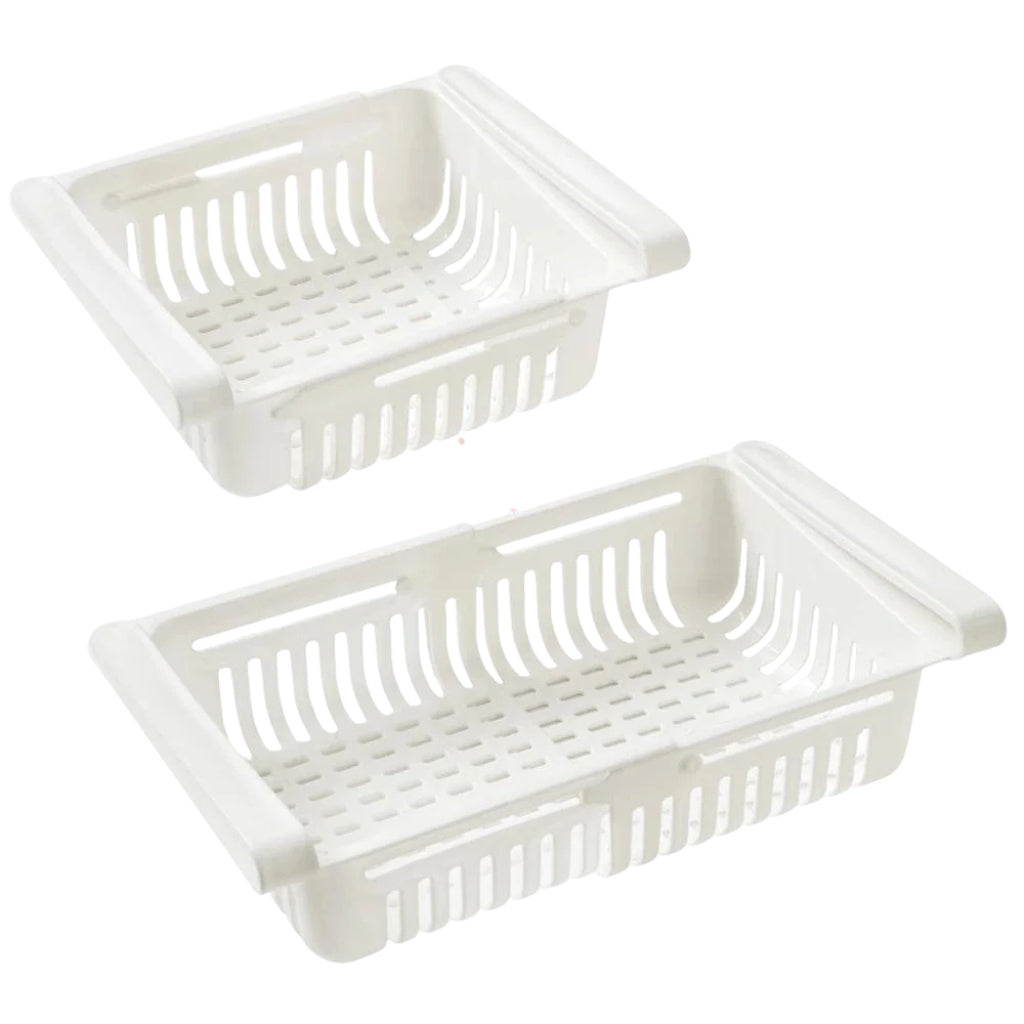 fridge storage containers hanging under refrigerator shelves
pull out refrigerator organizer bins holding oranges and food items
pastel fridge drawer organizer bins in pink blue white and apricot
adjustable fridge storage container used for fruit and vegetables
freezer organization bins shown as sliding refrigerator shelf drawers