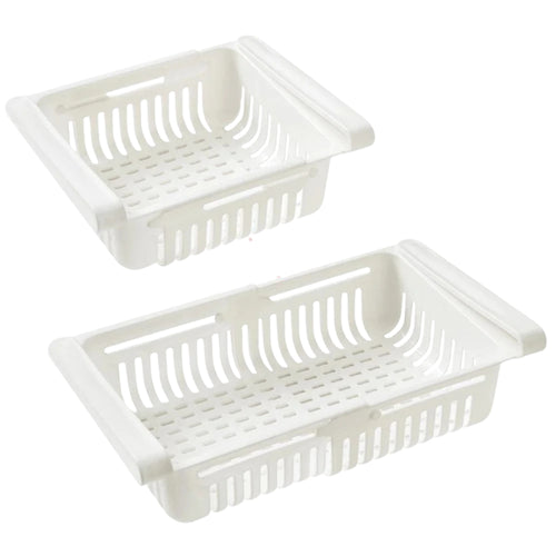 fridge storage containers hanging under refrigerator shelves
pull out refrigerator organizer bins holding oranges and food items
pastel fridge drawer organizer bins in pink blue white and apricot
adjustable fridge storage container used for fruit and vegetables
freezer organization bins shown as sliding refrigerator shelf drawers
