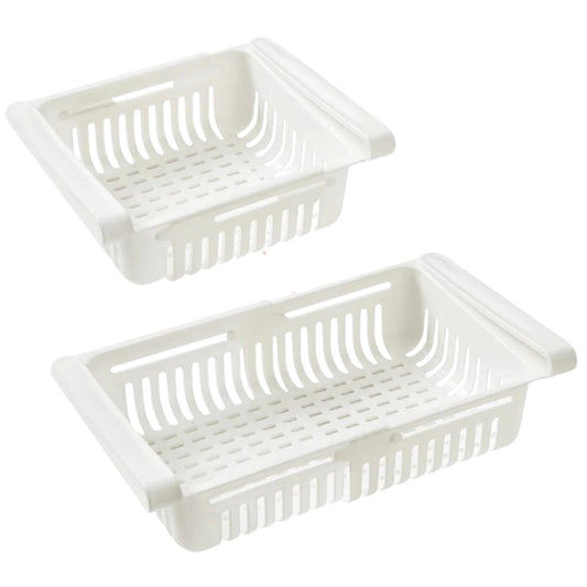 fridge storage containers hanging under refrigerator shelves
pull out refrigerator organizer bins holding oranges and food items
pastel fridge drawer organizer bins in pink blue white and apricot
adjustable fridge storage container used for fruit and vegetables
freezer organization bins shown as sliding refrigerator shelf drawers