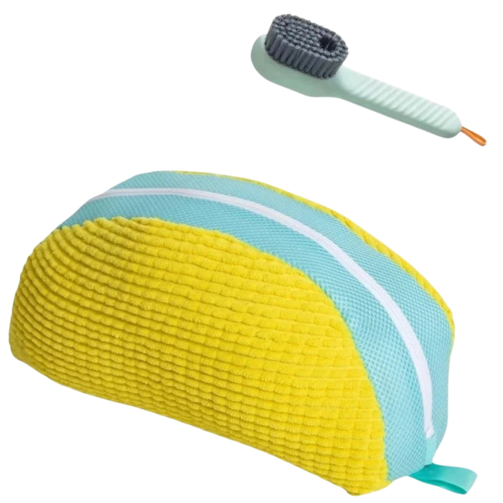 yellow laundry bags mesh shoe wash bag holding sneakers
mesh shoe laundry bag with zipper and blue trim
shoe washing bag shown with a soft bristle cleaning brush
laundry bags mesh organizer for shoes and travel storage
yellow zippered shoe wash bag displayed with sneakers inside