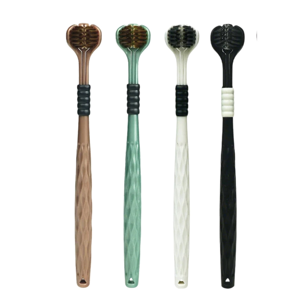 manual toothbrushes with three sided soft bristle heads
green and bronze U shaped toothbrushes shown on product graphic
three sided manual toothbrush with soft bristles for adults
close up of toothbrush bristles wrapping around tooth illustration
manual toothbrushes displayed with colorful handles and U shaped heads