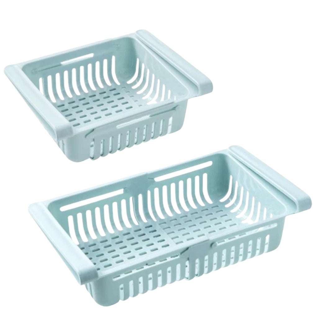 fridge storage containers hanging under refrigerator shelves
pull out refrigerator organizer bins holding oranges and food items
pastel fridge drawer organizer bins in pink blue white and apricot
adjustable fridge storage container used for fruit and vegetables
freezer organization bins shown as sliding refrigerator shelf drawers
