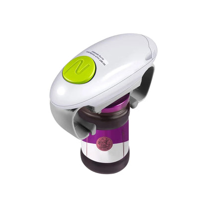 electric can opener placed on a glass jar lid
automatic jar opener showing button press operation
white electric can opener removing a metal jar lid
hand pressing button on electric can opener over a jar
can openers instruction image with jar lid opening steps