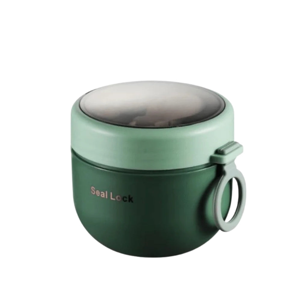 portable lunch box containers in pink white blue and green colors
round sealed lunch container with side handle on a table
bento box lunch box with transparent lid and compact shape
portable food container shown in multiple pastel color options
sealed thermos lunch box style container for meals and snacks