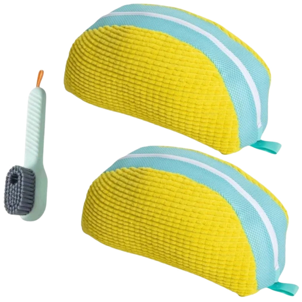 yellow laundry bags mesh shoe wash bag holding sneakers
mesh shoe laundry bag with zipper and blue trim
shoe washing bag shown with a soft bristle cleaning brush
laundry bags mesh organizer for shoes and travel storage
yellow zippered shoe wash bag displayed with sneakers inside