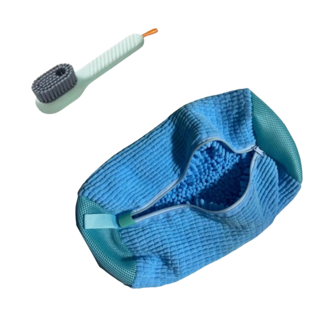 yellow laundry bags mesh shoe wash bag holding sneakers
mesh shoe laundry bag with zipper and blue trim
shoe washing bag shown with a soft bristle cleaning brush
laundry bags mesh organizer for shoes and travel storage
yellow zippered shoe wash bag displayed with sneakers inside