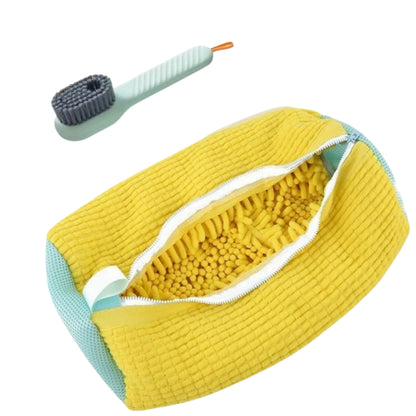 yellow laundry bags mesh shoe wash bag holding sneakers
mesh shoe laundry bag with zipper and blue trim
shoe washing bag shown with a soft bristle cleaning brush
laundry bags mesh organizer for shoes and travel storage
yellow zippered shoe wash bag displayed with sneakers inside