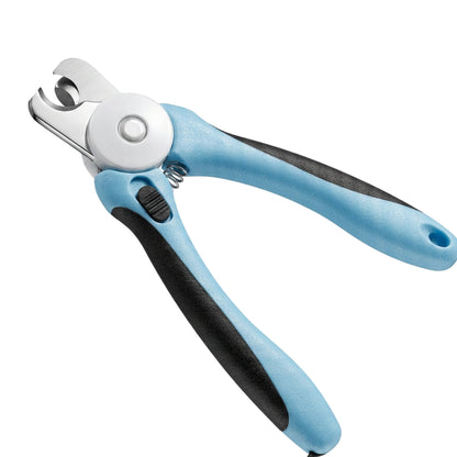 Pink and blue dog nail clippers with stainless steel cutting heads

Pet nail trimmer with safety guard and ergonomic handles on white background

Dog nail clippers for thick nails shown in two color options

Stainless steel pet nail clippers with non slip grip handles

Dog nail clippers with safety guard for at home pet grooming