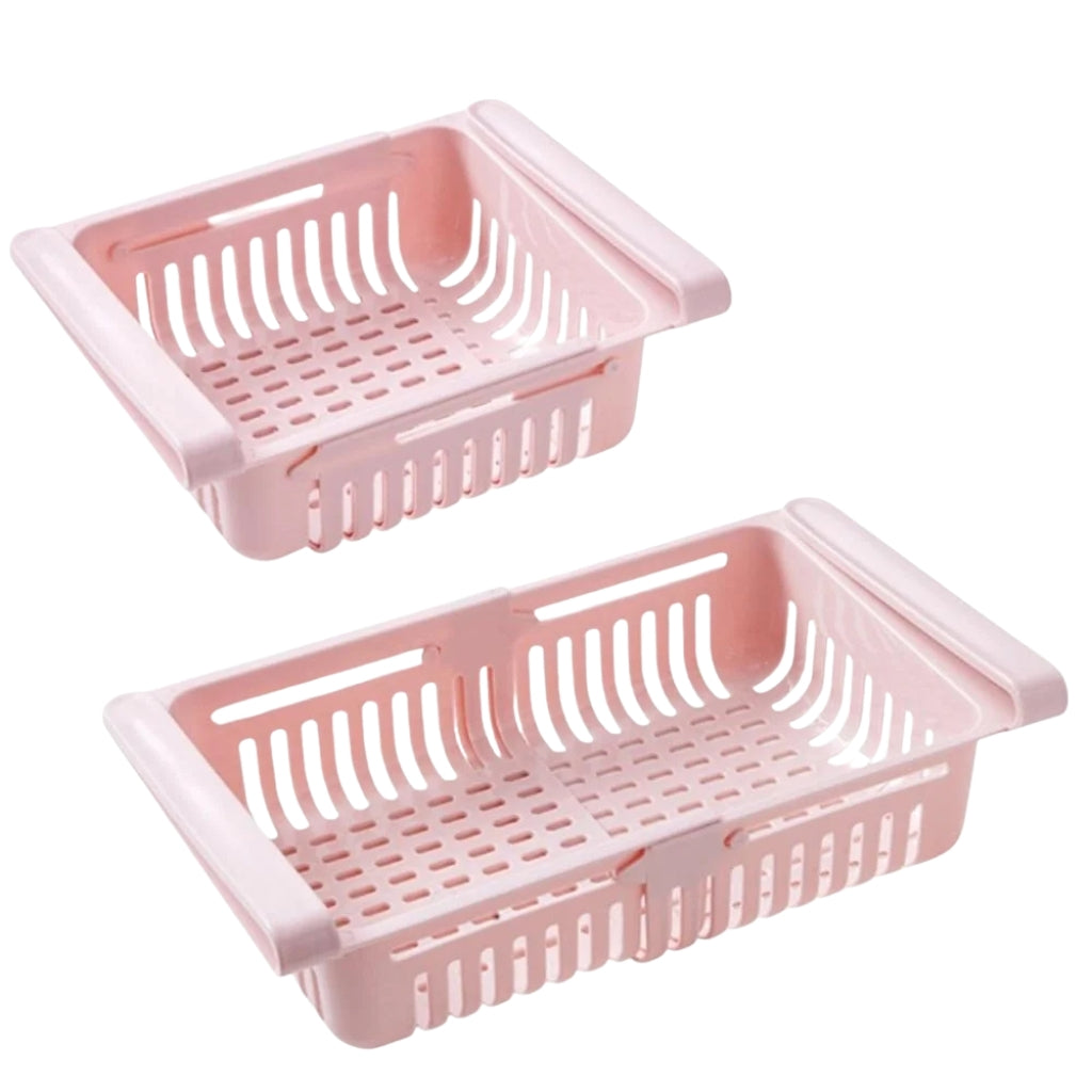 fridge storage containers hanging under refrigerator shelves
pull out refrigerator organizer bins holding oranges and food items
pastel fridge drawer organizer bins in pink blue white and apricot
adjustable fridge storage container used for fruit and vegetables
freezer organization bins shown as sliding refrigerator shelf drawers