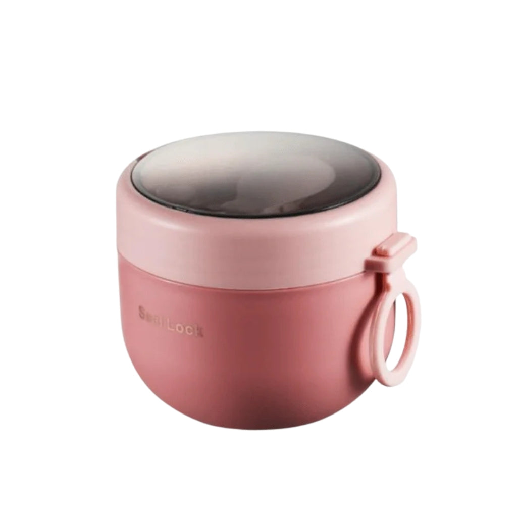 portable lunch box containers in pink white blue and green colors
round sealed lunch container with side handle on a table
bento box lunch box with transparent lid and compact shape
portable food container shown in multiple pastel color options
sealed thermos lunch box style container for meals and snacks