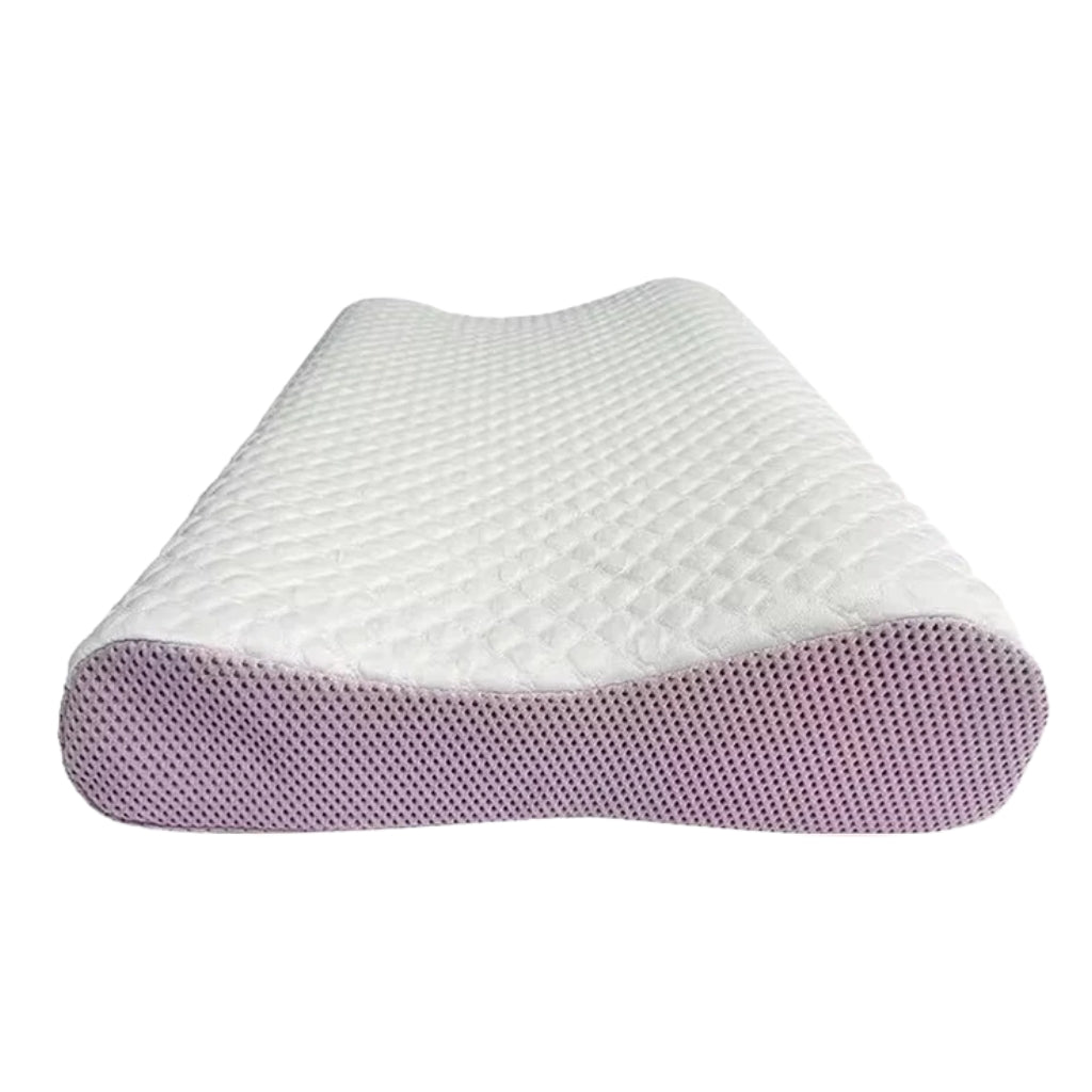 purple breathable bed pillow with open grid TPE structure
wedge pillow with curved neck support design on blue background
washable bed pillows with flexible lattice air layer design
purple neck support pillow made with open grid material
breathable TPE pillow shown in a raised wedge shape