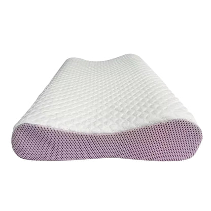 purple breathable bed pillow with open grid TPE structure
wedge pillow with curved neck support design on blue background
washable bed pillows with flexible lattice air layer design
purple neck support pillow made with open grid material
breathable TPE pillow shown in a raised wedge shape