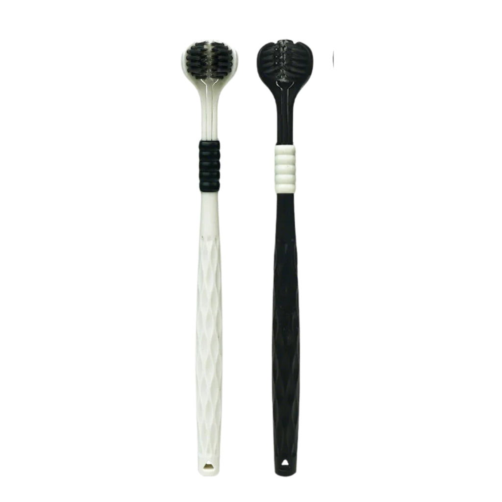 manual toothbrushes with three sided soft bristle heads
green and bronze U shaped toothbrushes shown on product graphic
three sided manual toothbrush with soft bristles for adults
close up of toothbrush bristles wrapping around tooth illustration
manual toothbrushes displayed with colorful handles and U shaped heads