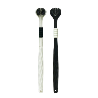 manual toothbrushes with three sided soft bristle heads
green and bronze U shaped toothbrushes shown on product graphic
three sided manual toothbrush with soft bristles for adults
close up of toothbrush bristles wrapping around tooth illustration
manual toothbrushes displayed with colorful handles and U shaped heads