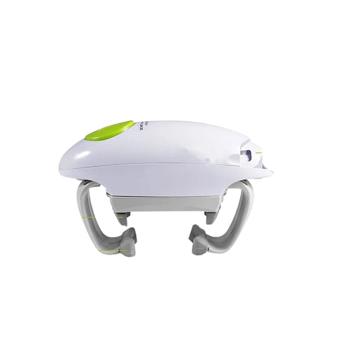 electric can opener placed on a glass jar lid
automatic jar opener showing button press operation
white electric can opener removing a metal jar lid
hand pressing button on electric can opener over a jar
can openers instruction image with jar lid opening steps