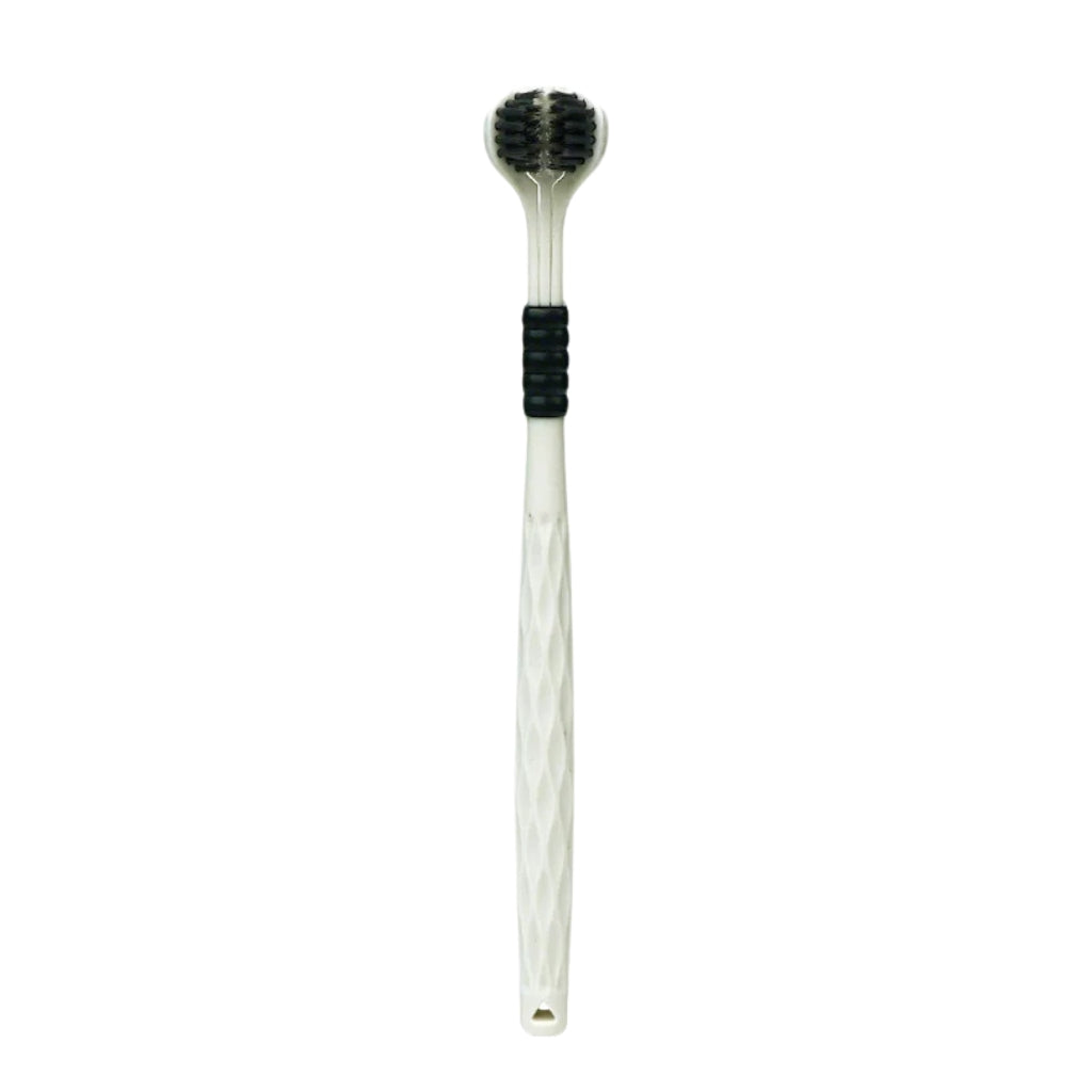 manual toothbrushes with three sided soft bristle heads
green and bronze U shaped toothbrushes shown on product graphic
three sided manual toothbrush with soft bristles for adults
close up of toothbrush bristles wrapping around tooth illustration
manual toothbrushes displayed with colorful handles and U shaped heads