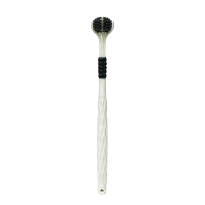 manual toothbrushes with three sided soft bristle heads
green and bronze U shaped toothbrushes shown on product graphic
three sided manual toothbrush with soft bristles for adults
close up of toothbrush bristles wrapping around tooth illustration
manual toothbrushes displayed with colorful handles and U shaped heads
