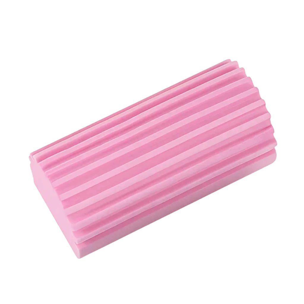 pink dish scrub sponge cleaning a black pan in a kitchen sink
ribbed PVA cleaning sponge used for easy stain removal
yellow gray and pink kitchen cleaning sponges shown together
hand holding a dish scrub sponge inside a soapy pan
reusable cleaning sponge for dishes pans and kitchen surfaces