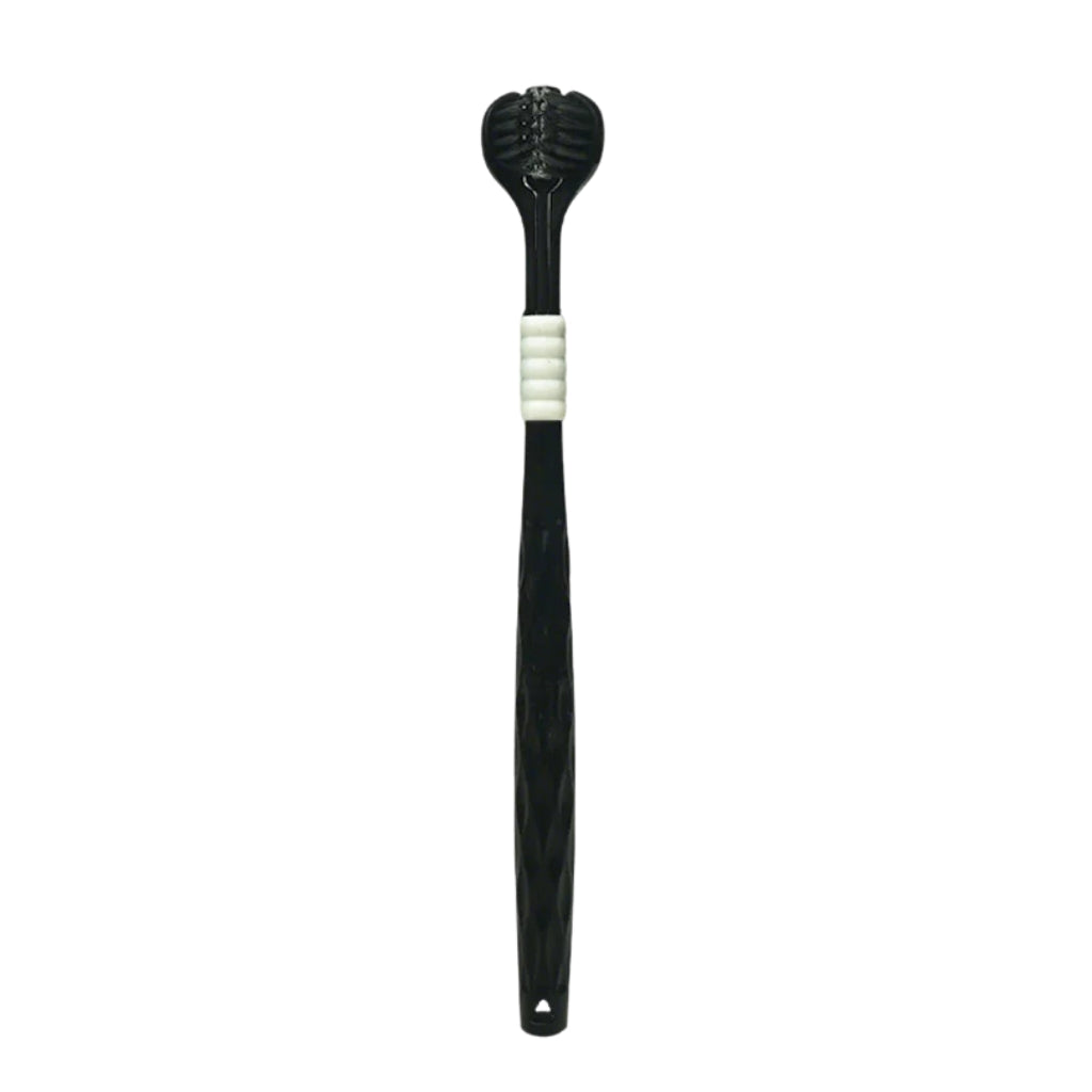 manual toothbrushes with three sided soft bristle heads
green and bronze U shaped toothbrushes shown on product graphic
three sided manual toothbrush with soft bristles for adults
close up of toothbrush bristles wrapping around tooth illustration
manual toothbrushes displayed with colorful handles and U shaped heads