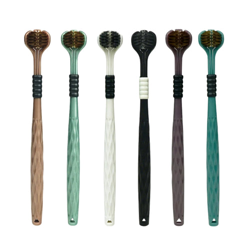 manual toothbrushes with three sided soft bristle heads
green and bronze U shaped toothbrushes shown on product graphic
three sided manual toothbrush with soft bristles for adults
close up of toothbrush bristles wrapping around tooth illustration
manual toothbrushes displayed with colorful handles and U shaped heads