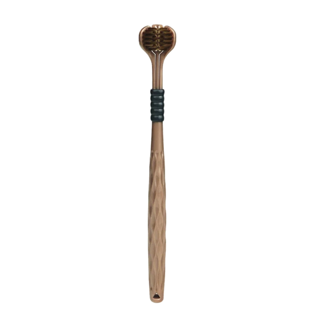 manual toothbrushes with three sided soft bristle heads
green and bronze U shaped toothbrushes shown on product graphic
three sided manual toothbrush with soft bristles for adults
close up of toothbrush bristles wrapping around tooth illustration
manual toothbrushes displayed with colorful handles and U shaped heads