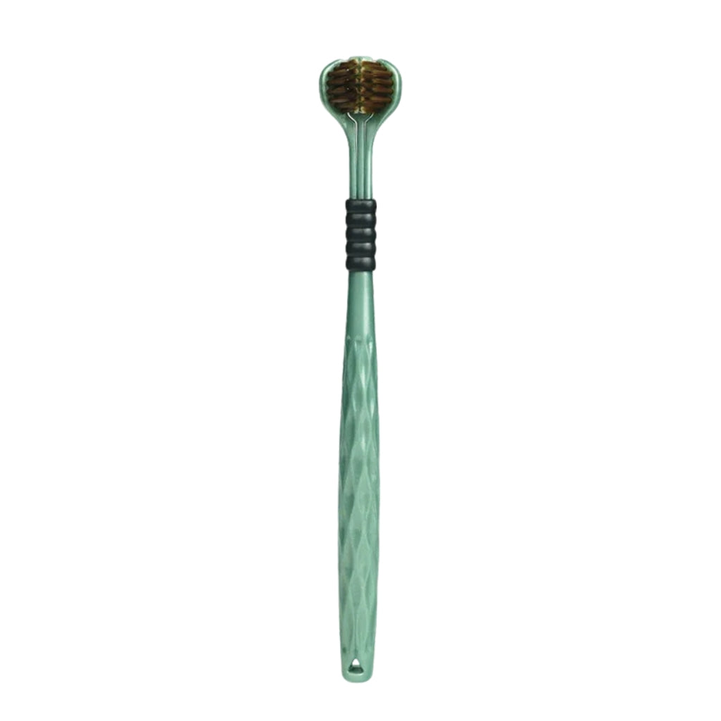 manual toothbrushes with three sided soft bristle heads
green and bronze U shaped toothbrushes shown on product graphic
three sided manual toothbrush with soft bristles for adults
close up of toothbrush bristles wrapping around tooth illustration
manual toothbrushes displayed with colorful handles and U shaped heads