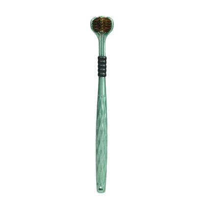 manual toothbrushes with three sided soft bristle heads
green and bronze U shaped toothbrushes shown on product graphic
three sided manual toothbrush with soft bristles for adults
close up of toothbrush bristles wrapping around tooth illustration
manual toothbrushes displayed with colorful handles and U shaped heads