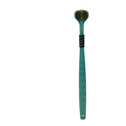 manual toothbrushes with three sided soft bristle heads
green and bronze U shaped toothbrushes shown on product graphic
three sided manual toothbrush with soft bristles for adults
close up of toothbrush bristles wrapping around tooth illustration
manual toothbrushes displayed with colorful handles and U shaped heads