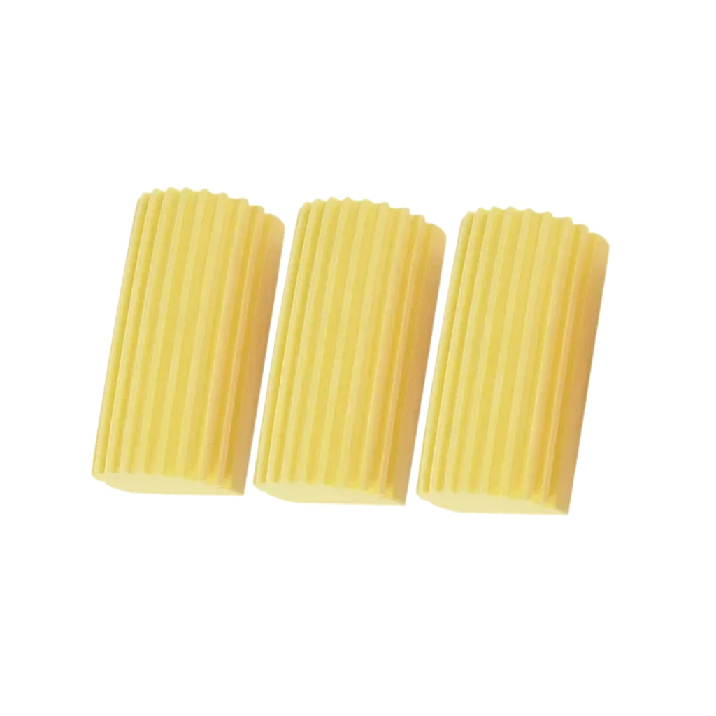 pink dish scrub sponge cleaning a black pan in a kitchen sink
ribbed PVA cleaning sponge used for easy stain removal
yellow gray and pink kitchen cleaning sponges shown together
hand holding a dish scrub sponge inside a soapy pan
reusable cleaning sponge for dishes pans and kitchen surfaces