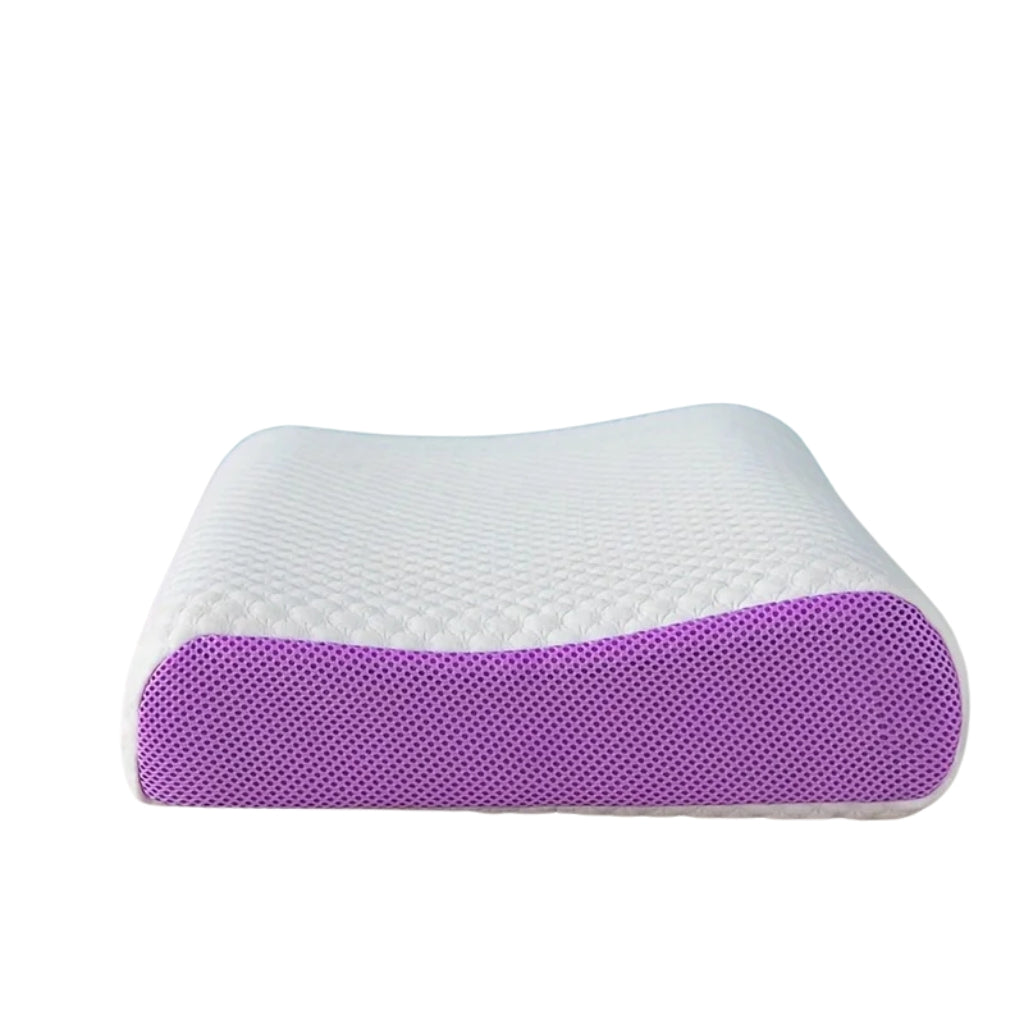 purple breathable bed pillow with open grid TPE structure
wedge pillow with curved neck support design on blue background
washable bed pillows with flexible lattice air layer design
purple neck support pillow made with open grid material
breathable TPE pillow shown in a raised wedge shape