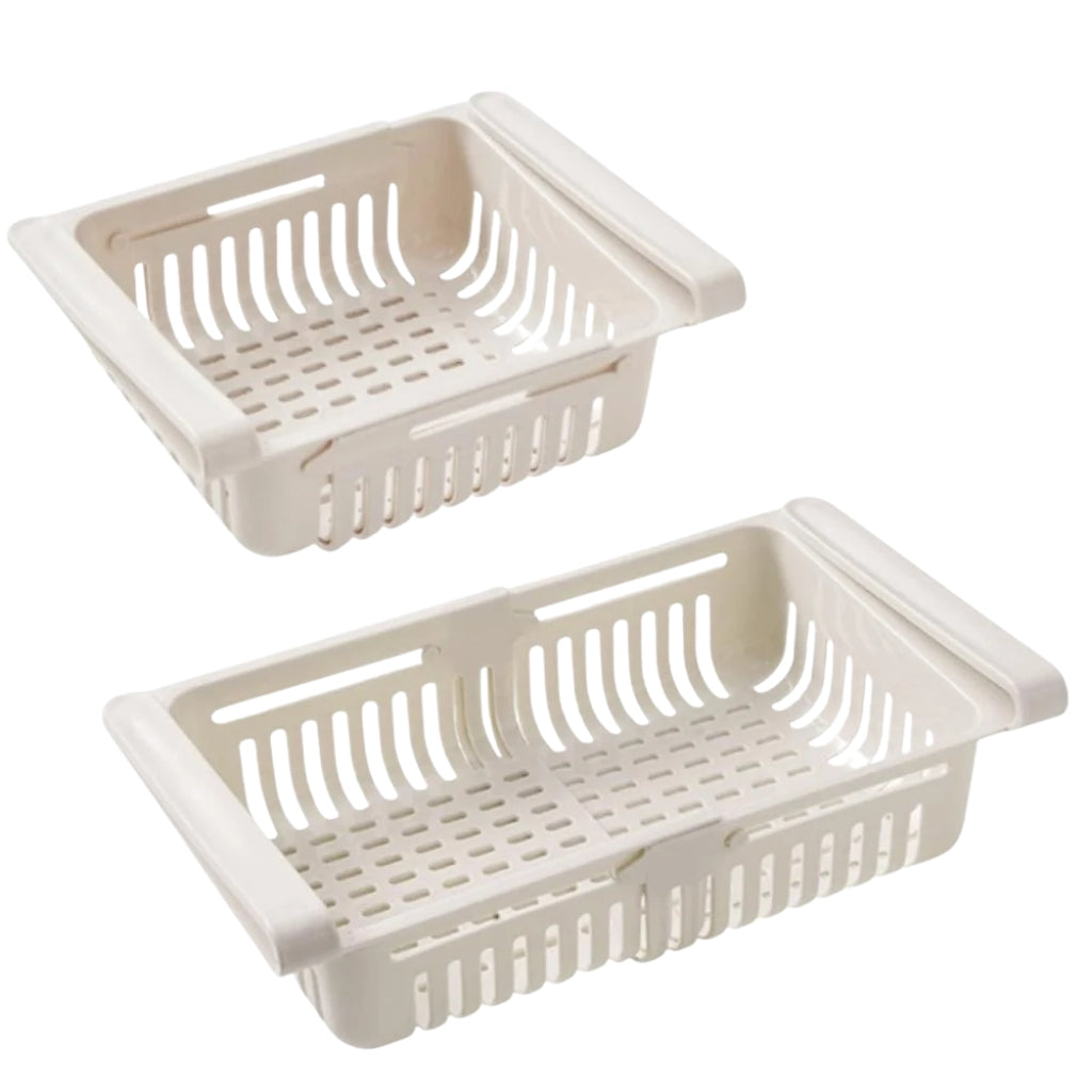 fridge storage containers hanging under refrigerator shelves
pull out refrigerator organizer bins holding oranges and food items
pastel fridge drawer organizer bins in pink blue white and apricot
adjustable fridge storage container used for fruit and vegetables
freezer organization bins shown as sliding refrigerator shelf drawers