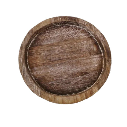 Round wooden tray with rustic wood grain and 29 cm measurement shown

Decorative wood tray for coffee table centerpiece or kitchen table decor

Large wooden tray shown from above with round wood serving tray shape

Wooden serving board style tray for snacks candles and home decoration

Round wooden tray measuring 29 cm by 29 cm with natural brown finish