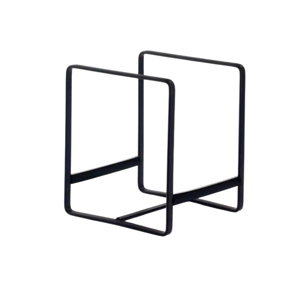 black metal dish drying rack holding plates on a kitchen counter.
dish drying rack with open frame design for plate storage.