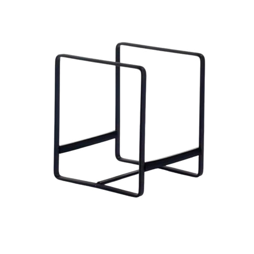 black metal dish drying rack holding plates on a kitchen counter.
dish drying rack with open frame design for plate storage.