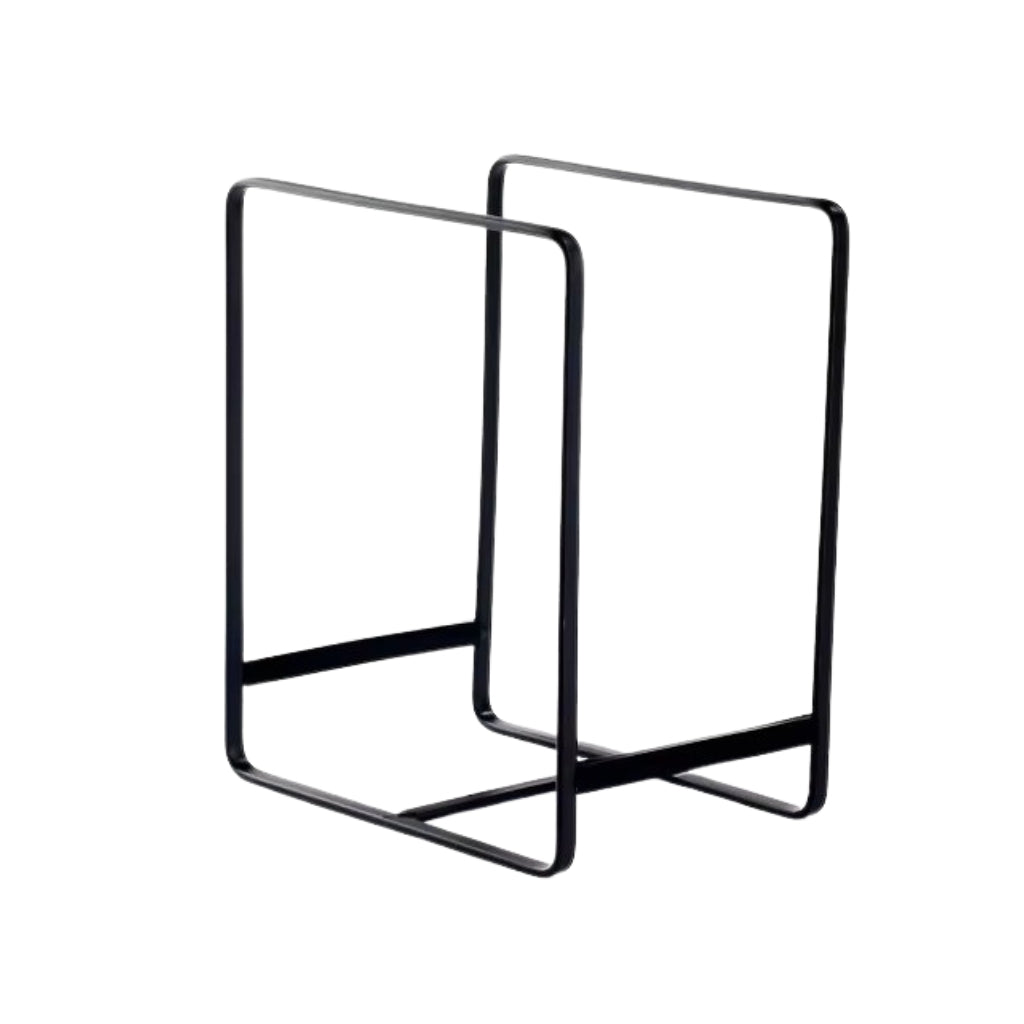 black dish drainer rack shown with white plates on wooden surface.
metal kitchen drying rack with size measurements for countertop use.