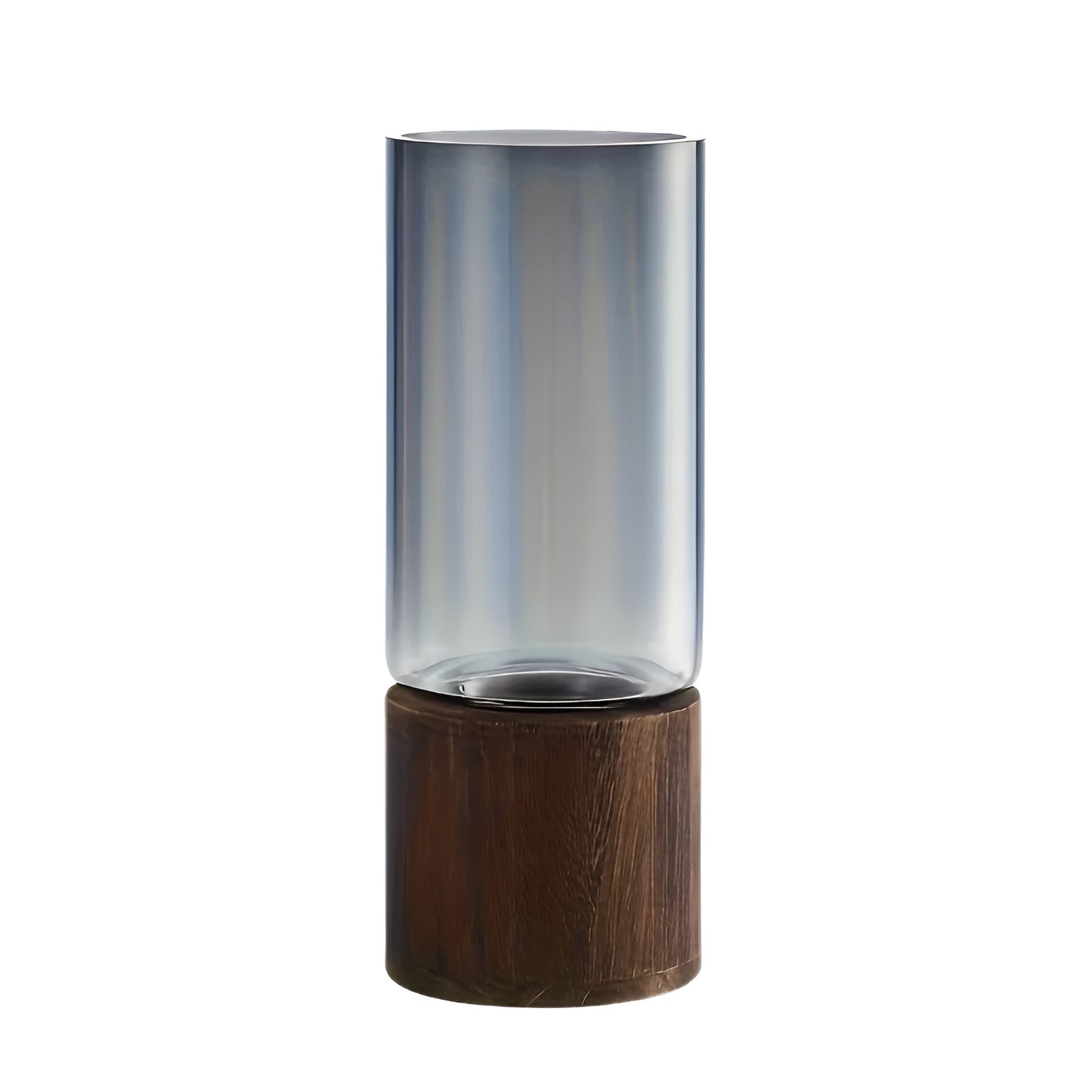 glass vase with wooden base holding pink roses on a table.
clear glass cylinder vase with dark wood base for home decor.