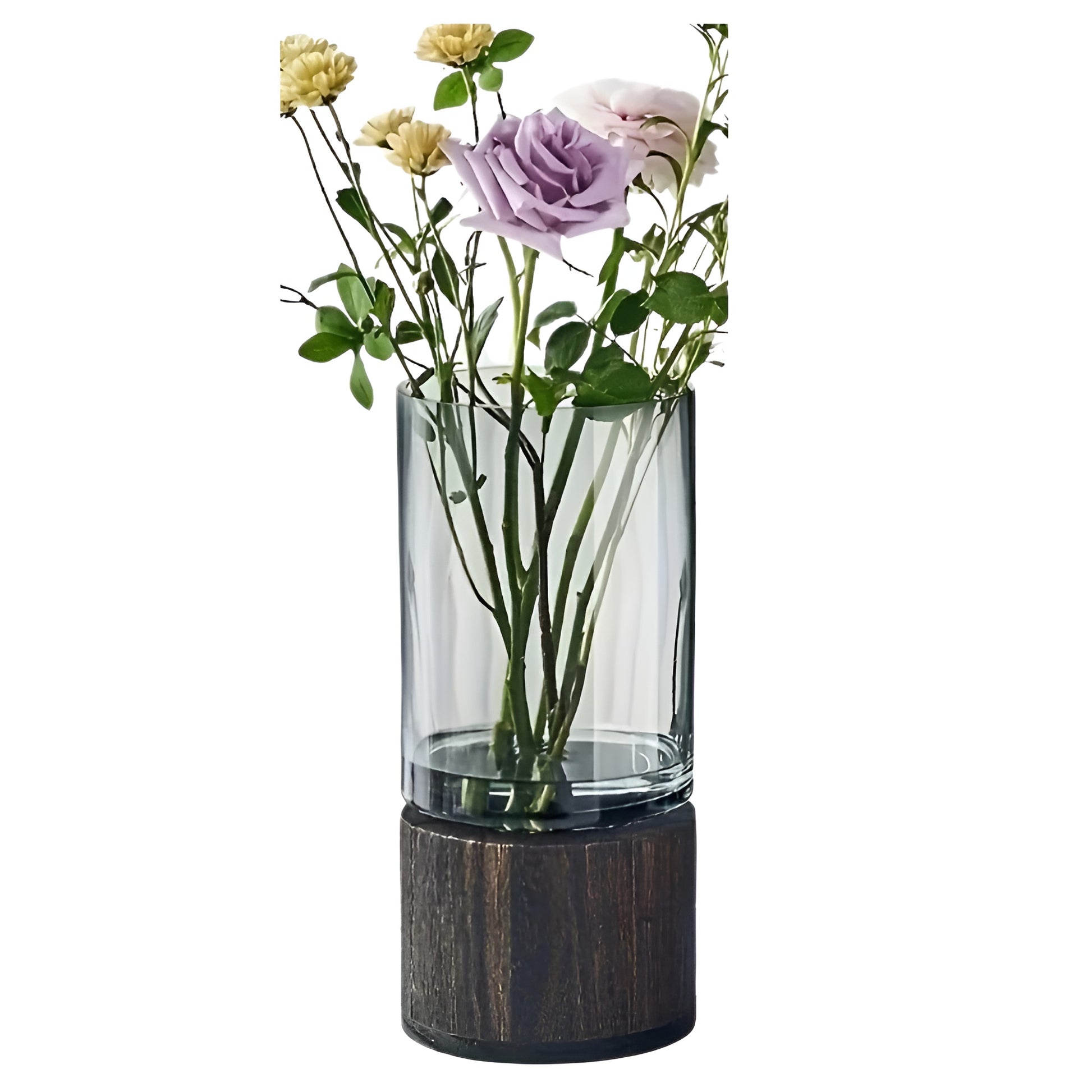 modern flower vase with transparent glass and natural wood stand
