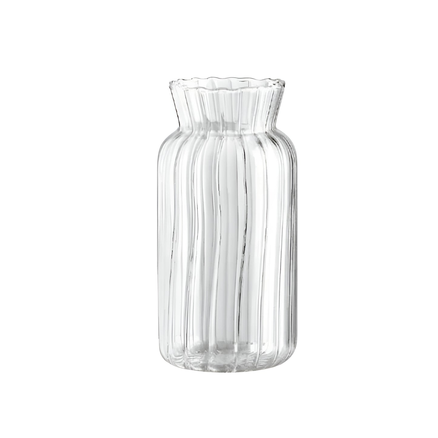 ribbed glass flower vase with water and single rose stem