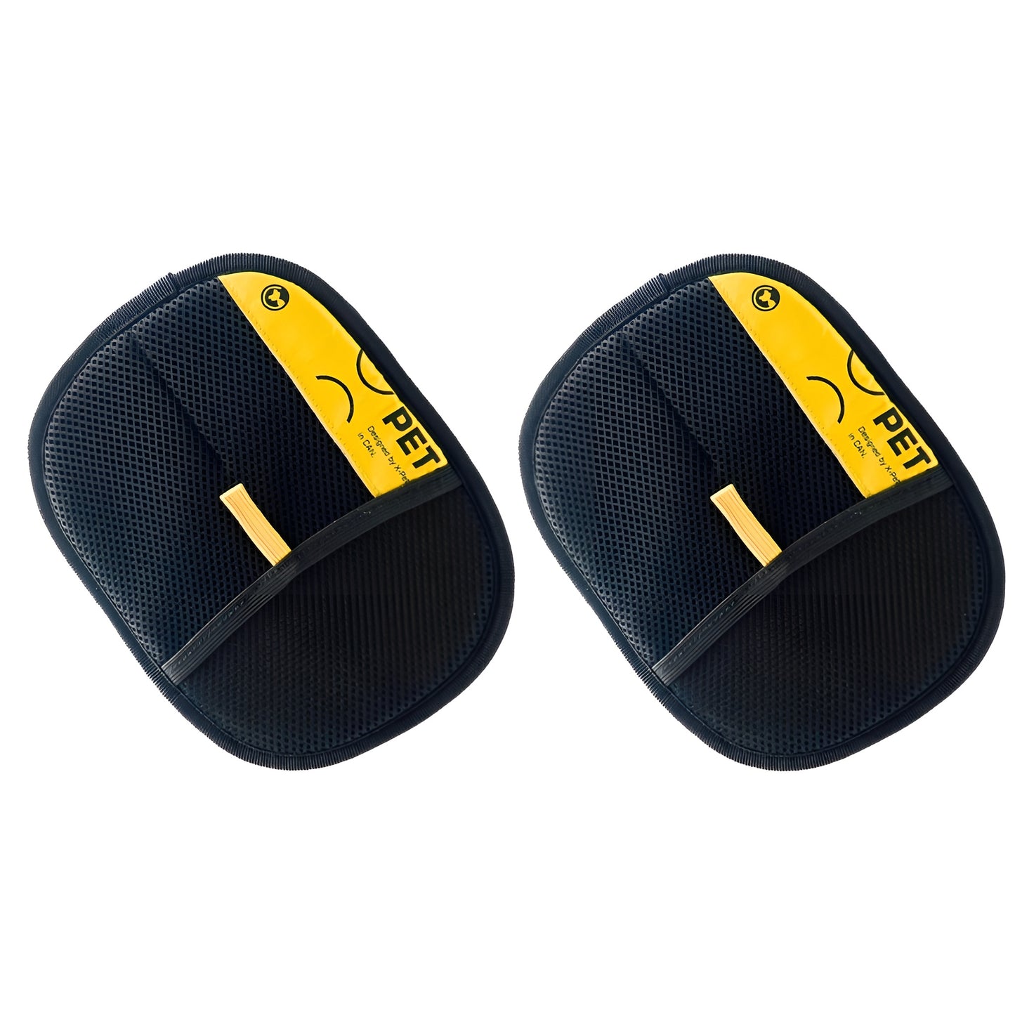 black pet grooming gloves with yellow label for removing cat hair
